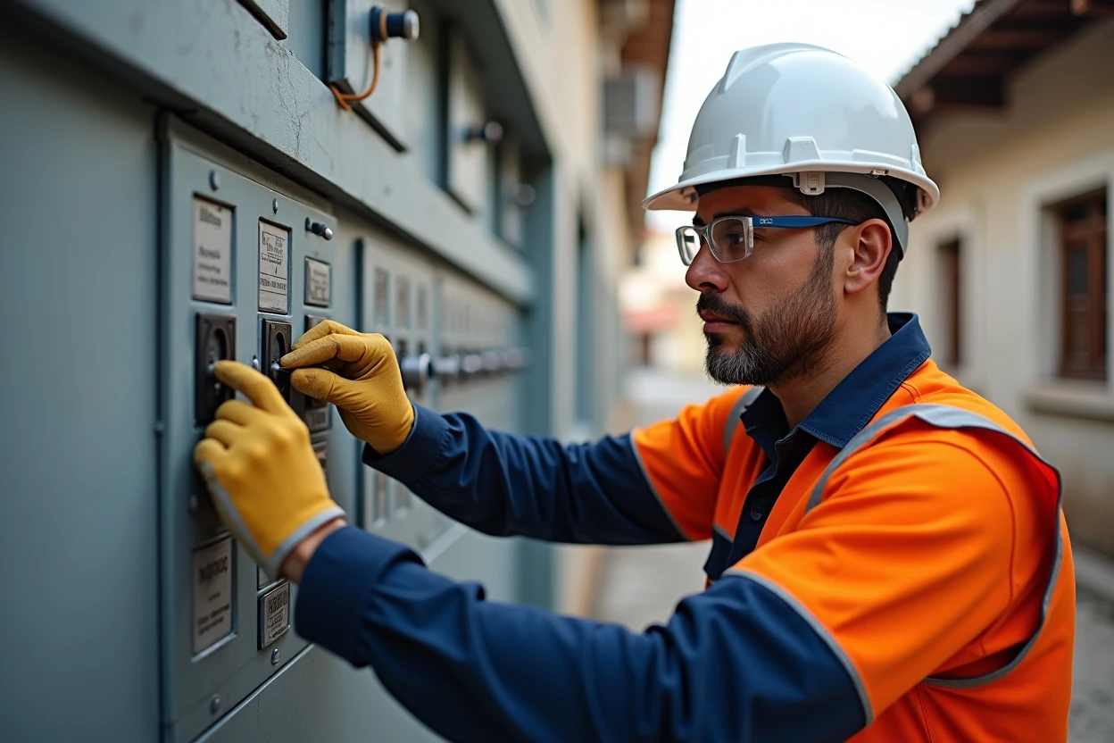 Técnico revisando tablero eléctrico doméstico